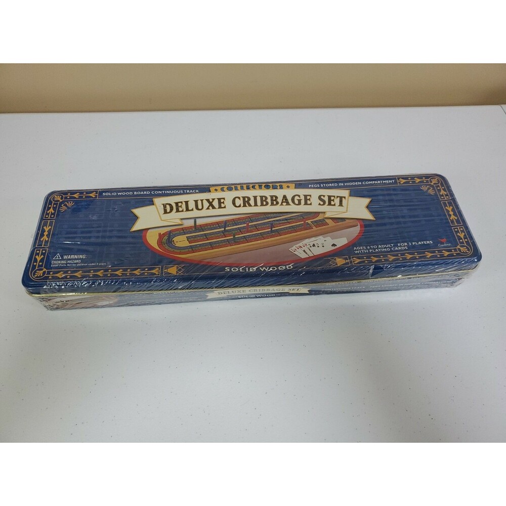 Deluxe Cribbage Set Metal Box Solid Wood Board Continuous Track